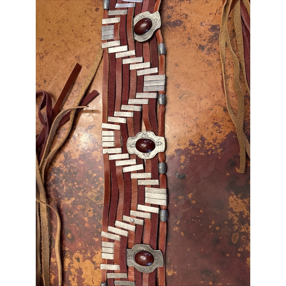 Free People Braided Wide Belt Brown Burgundy Metal Buckle Beaded Women's - Picture 2 of 3